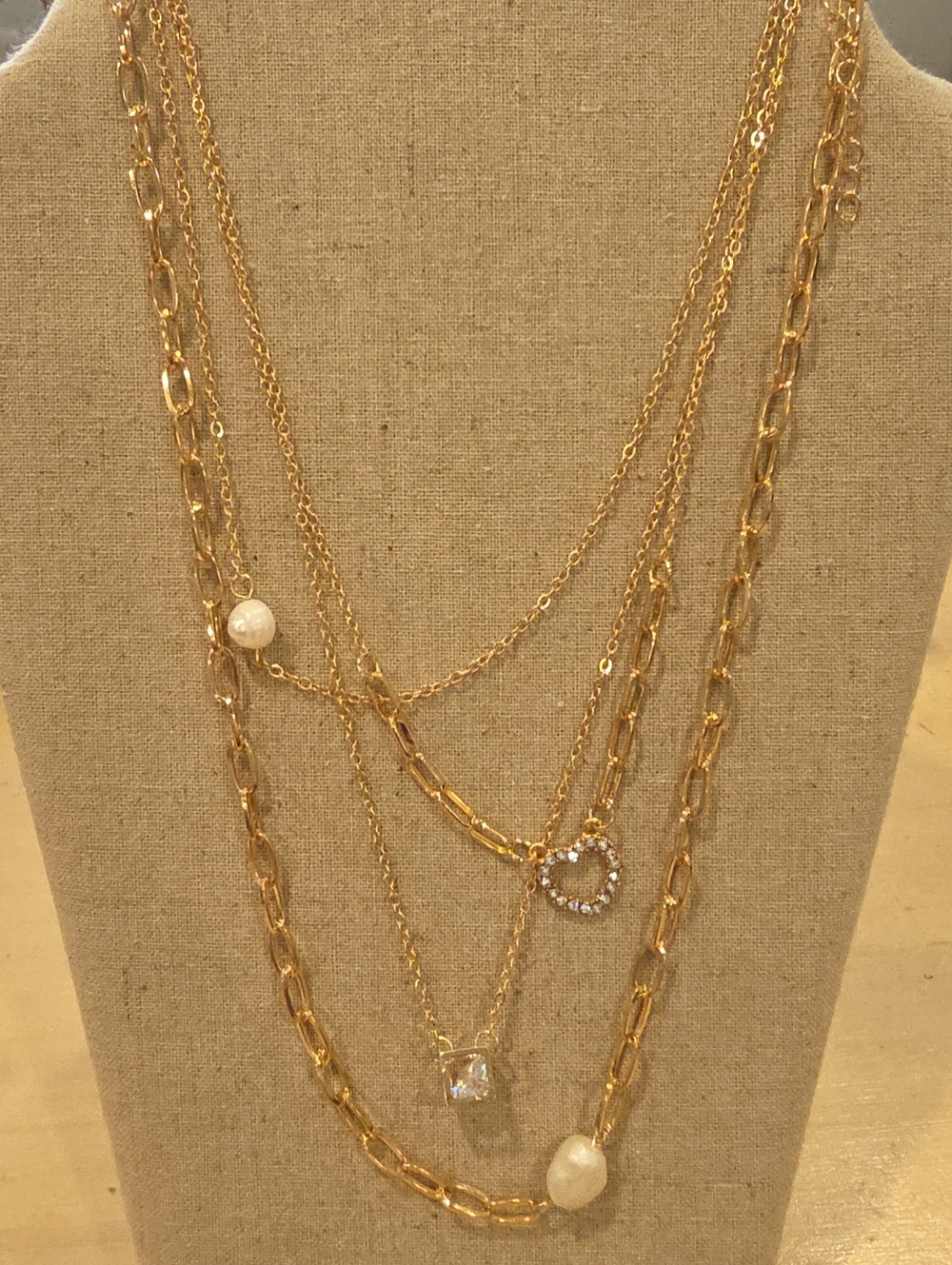 Gold Multi-Layer Pendant Necklace with Pearl and Crystal Accents